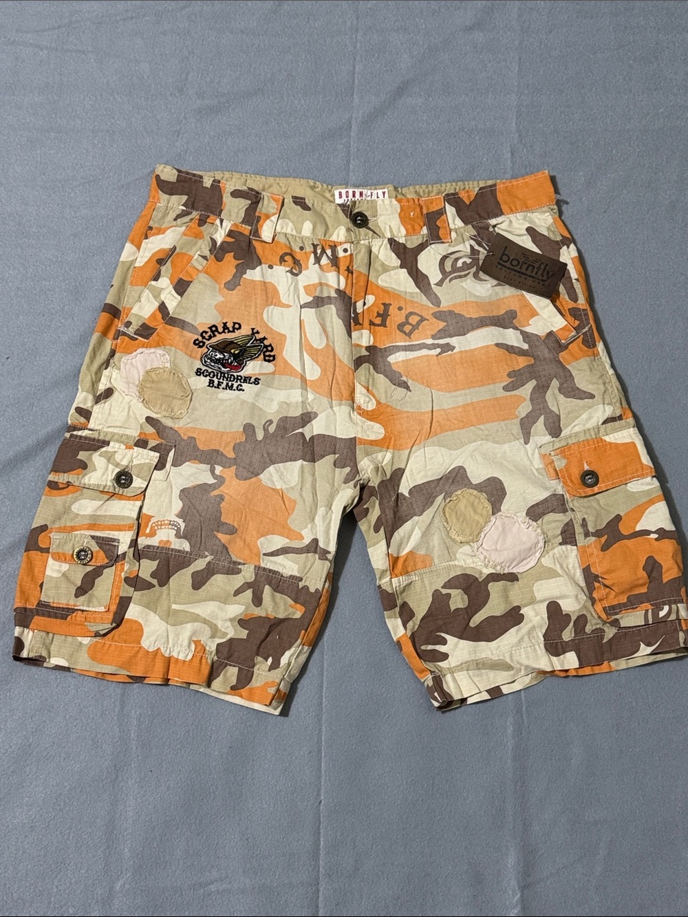 Born Fly Shorts Mens Medium Orange Camo Patch Work Casual Army Y2K Size 38
